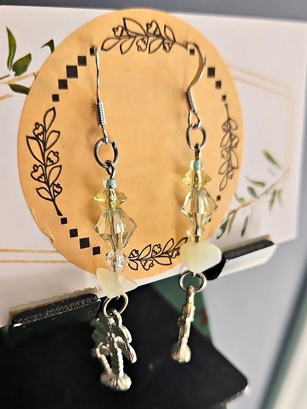 One Of A Kind Crysta l& Semi Precious Stone With Palm Tree Dangle Earrings